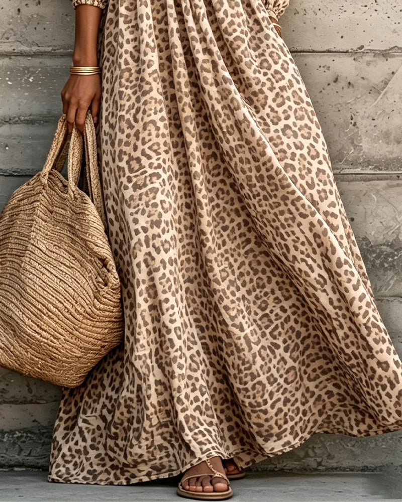 Kleid Leopard Druck V-Ausschnitt Puff Ärmel