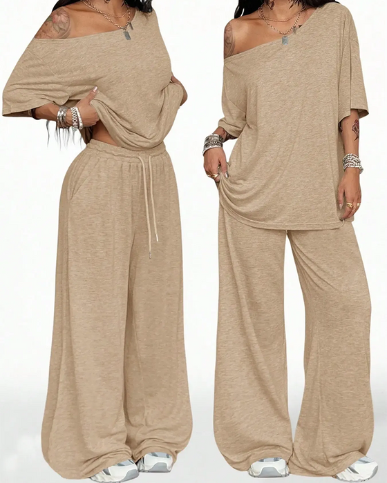 Set Schräger Hals Kordelzug In Der Taille Weit Bein Hose