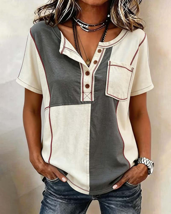 T-Shirt Kontrastfarbe Rundhals Knopf Patchwork