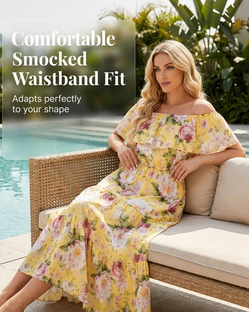 Kleid Off-the-Shoulder Blumenmuster taillierend