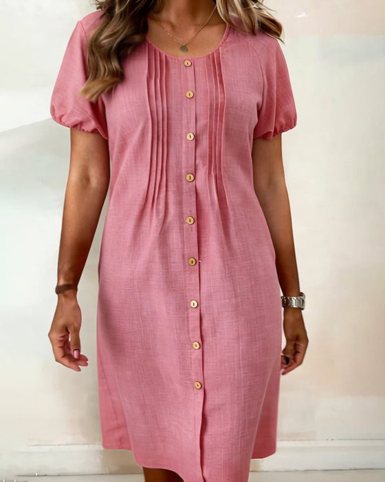 Kleid Geknöpft Plissiert Puffärmel