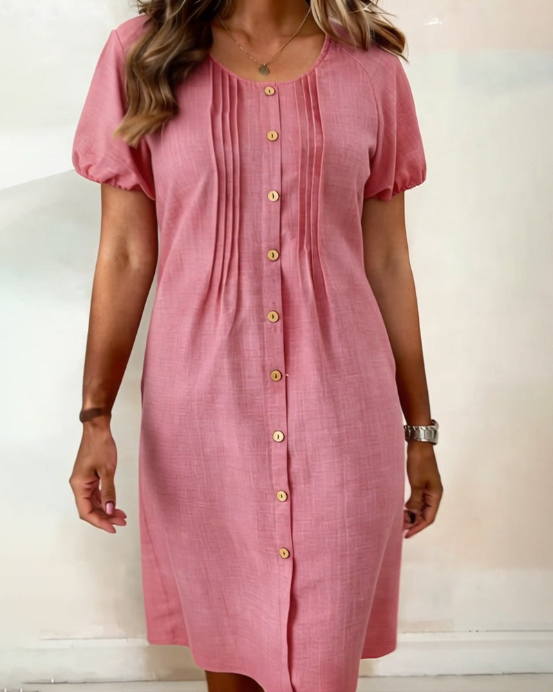 Kleid Geknöpft Plissiert Puffärmel