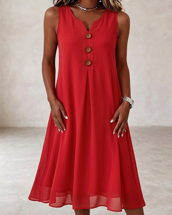 Kleid Knopf Gerafft Ärmellos