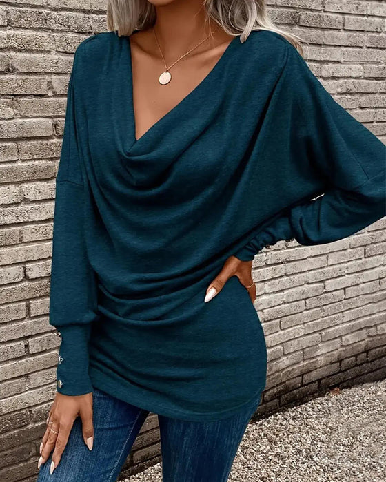 T-Shirt Mock Neck Uni Knopf Langer Ärmel