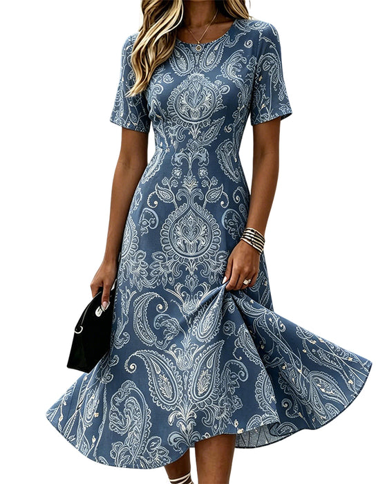Kleid Rundhals Taille Bedruckt A-Linie