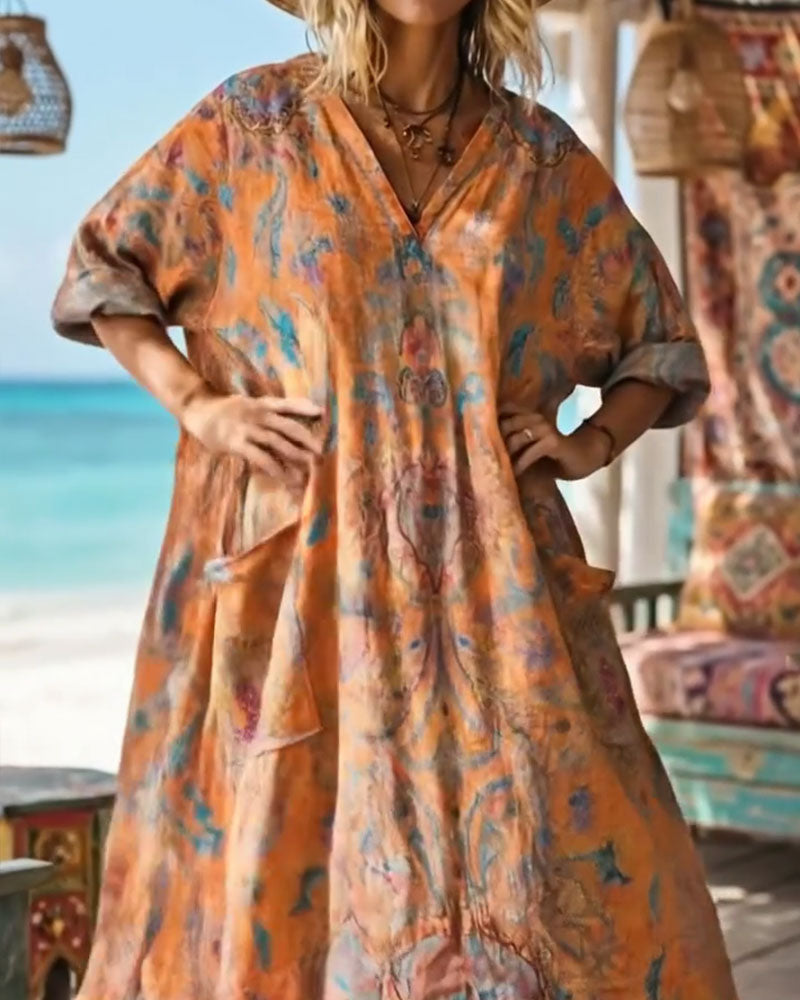 Kleid Retro Blumendruck V-Ausschnitt Maxi