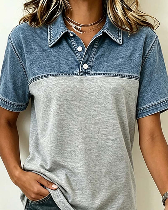 Bluse Kurzer Ärmel Hemd Kragen Denim Patchwork