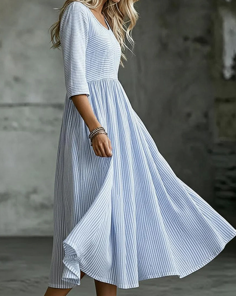 Kleid Gestreift Rundhals Hohe Taille Dreiviertelärmel