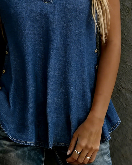 Blusen V-Ausschnitt Kurzarm Denim Knopf