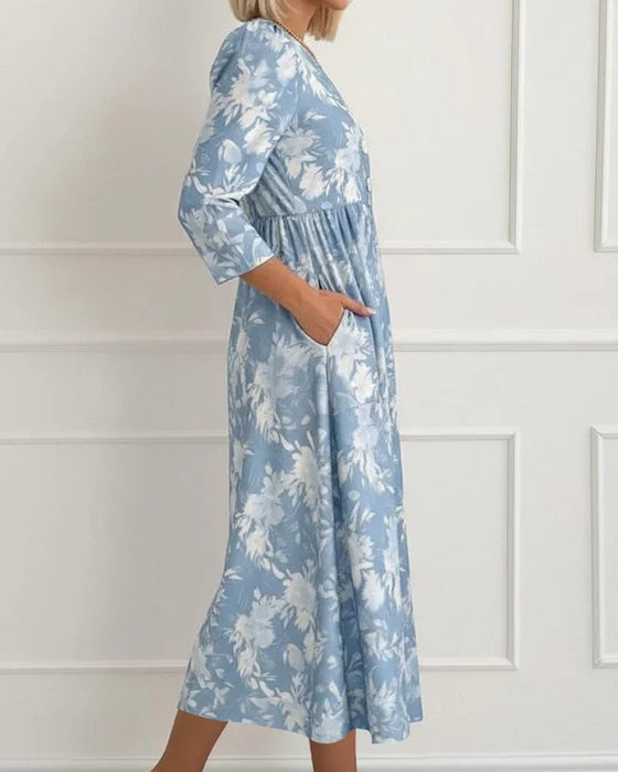 Kleid V-Ausschnitt Knopf Blumen Gerafft