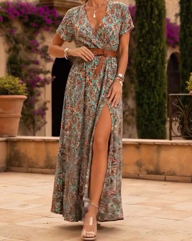 Kleid V-Ausschnitt Vintage Paisley Schlitz Lang