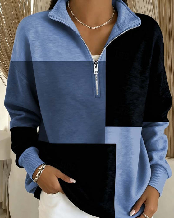 Sweatshirt Karo Farbblock Reißverschluss Stehkragen
