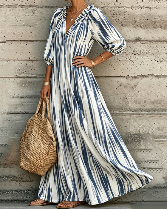 Kleid Tie-Dye V-Ausschnitt Puffärmel Lang Resort