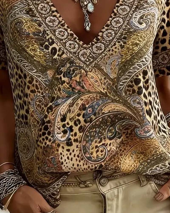 Bluse V-Ausschnitt Leopard Druck Kurzarm Locker
