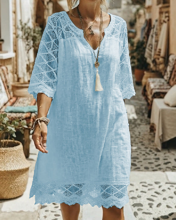 Kleid V-Ausschnitt Spitze Patchwork Lässig