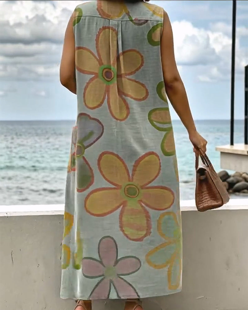 Kleid Aquarellprint Lang Ärmelloses Hemd