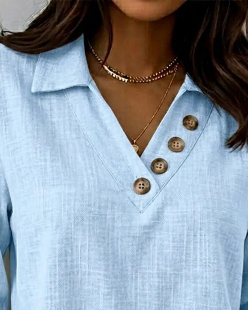 Top Langarm V-Ausschnitt Knopf Unten