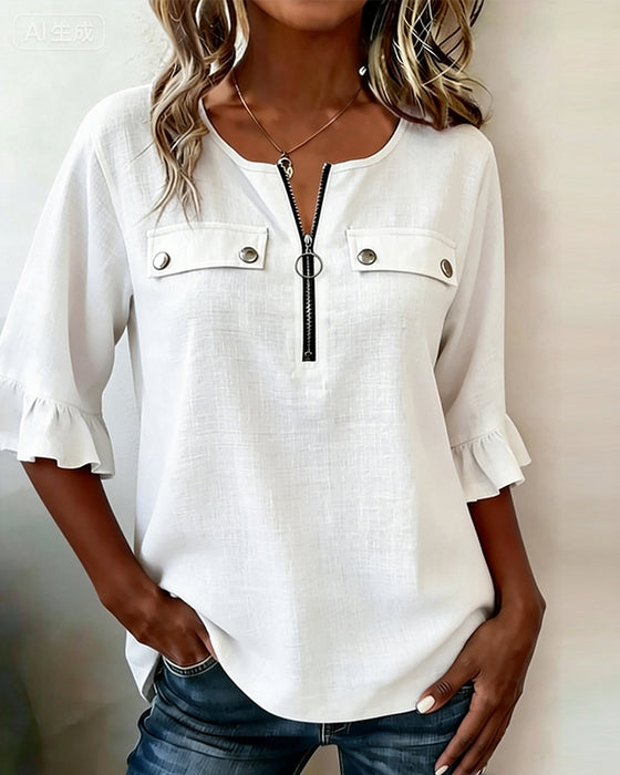 Bluse mit Reißverschluss 3/4-Arm Rüsche