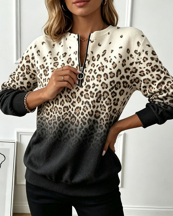 Sweatshirt Reißverschluss Gradient Leopardenmuster