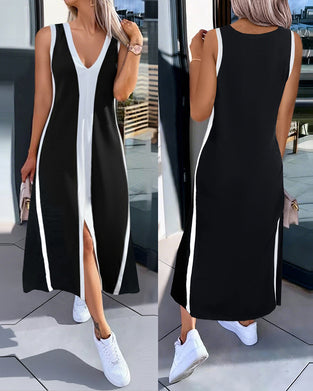Kleid Colorblock ärmellos Schlitz Maxi