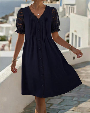 Kleid V-Ausschnitt Knopf Gerafft Spitze Patchwork