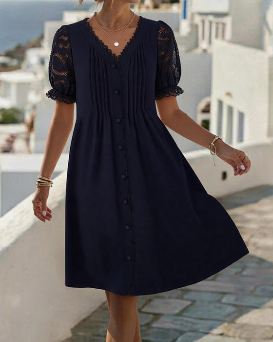 Kleid V-Ausschnitt Knopf Gerafft Spitze Patchwork