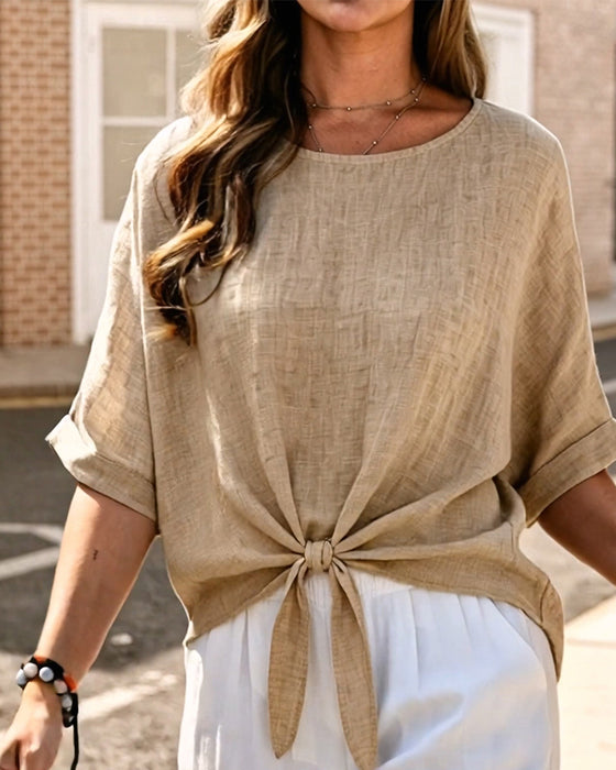 Bluse Rundhals Binden Kurzarm