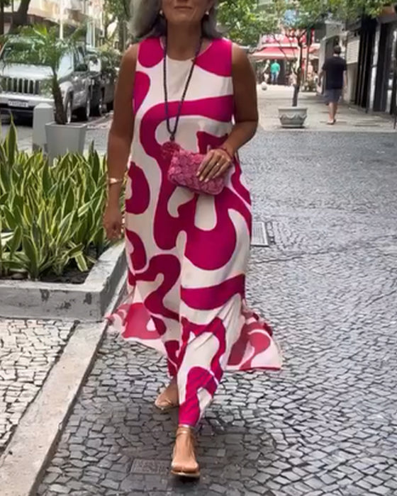 Rundhals-Armloses Kleid Mit Geometrischem Druck
