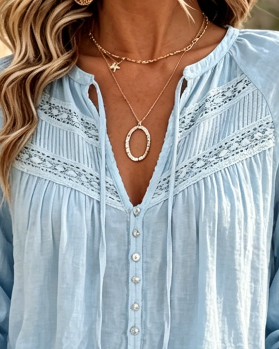 Bluse Lässig Hollow Out Spitze