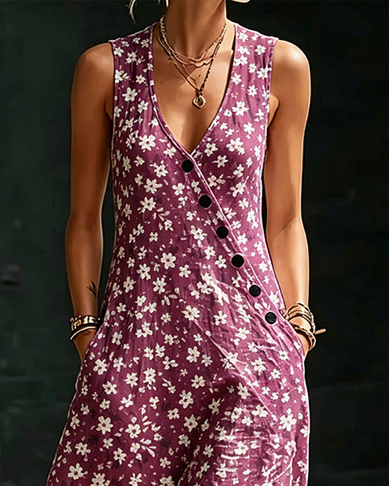 Kleid Kleine Blumen Asymmetrisch Knopf Ärmellos
