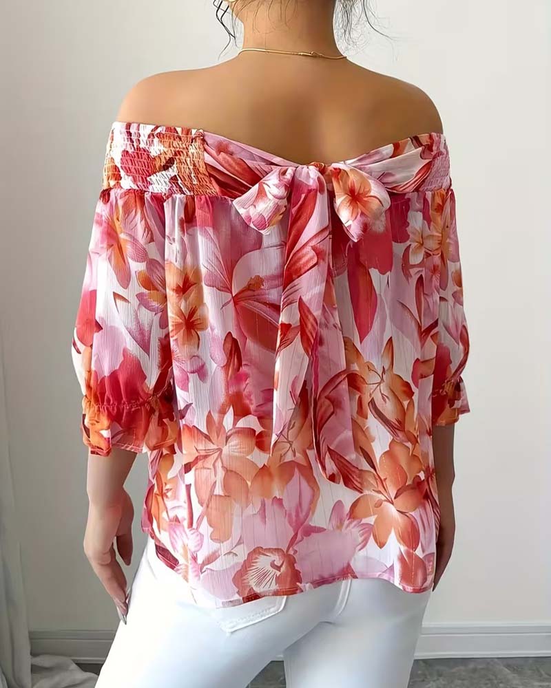 Bluse Off-Shoulder Print Puffärmel