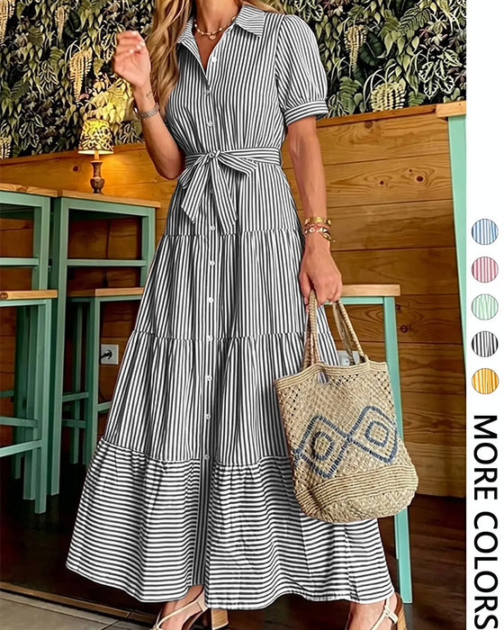 Kleid Gestreift Tailliert Gestuft Hemd Maxi