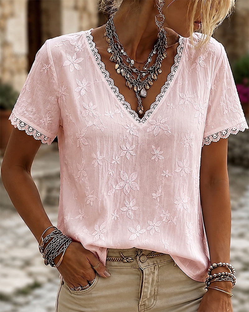 Bluse V-Ausschnitt Spitze Kurzarm