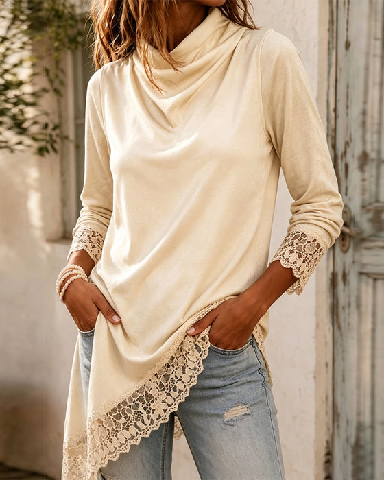 Oberteil Mock Neck Spitze Patchwork Unregelmäßig