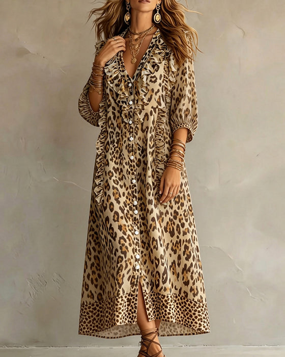 Kleid Leopardenmuster Rüschensaum Maxi