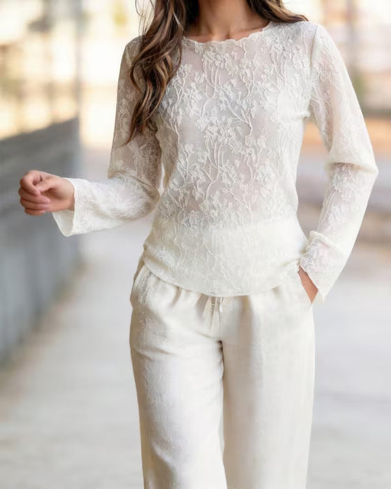 Bluse Rundhals Spitze Sheer Tailliert