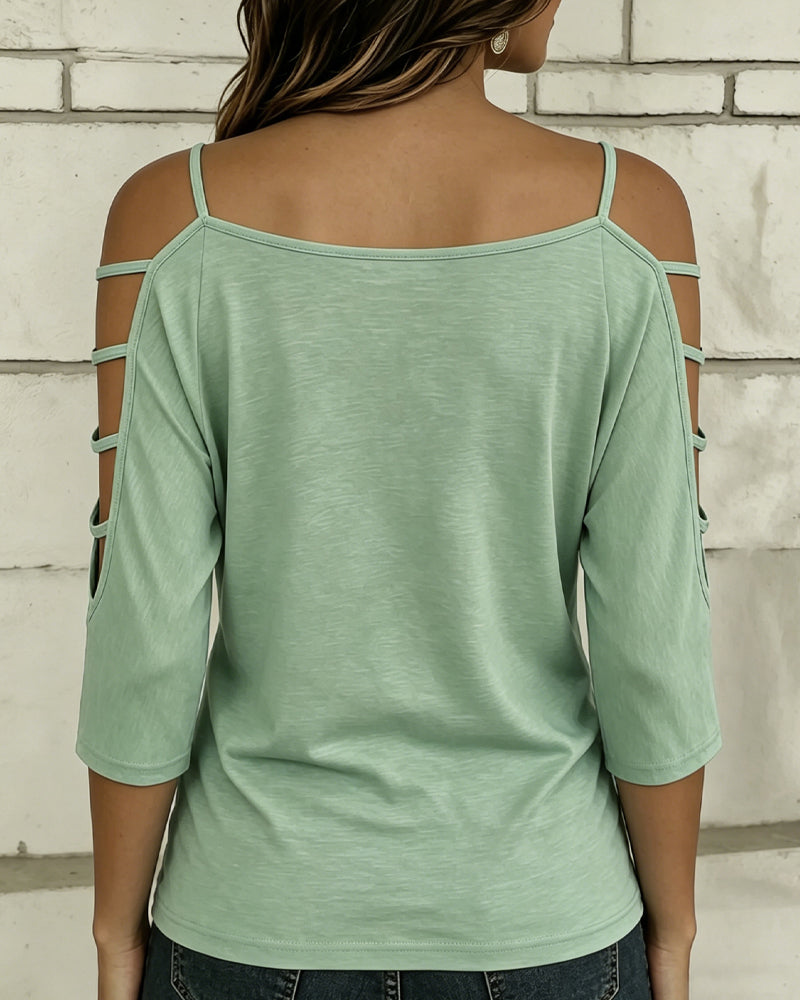 T-Shirt Uni Farbe Ellenbogenlang Ärmel Off-Shoulder