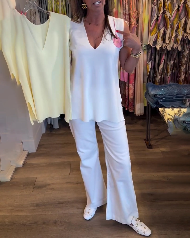 Tank Top V-Ausschnitt Ärmellos Uni