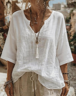 Top V-Ausschnitt Halb Ärmel Uni