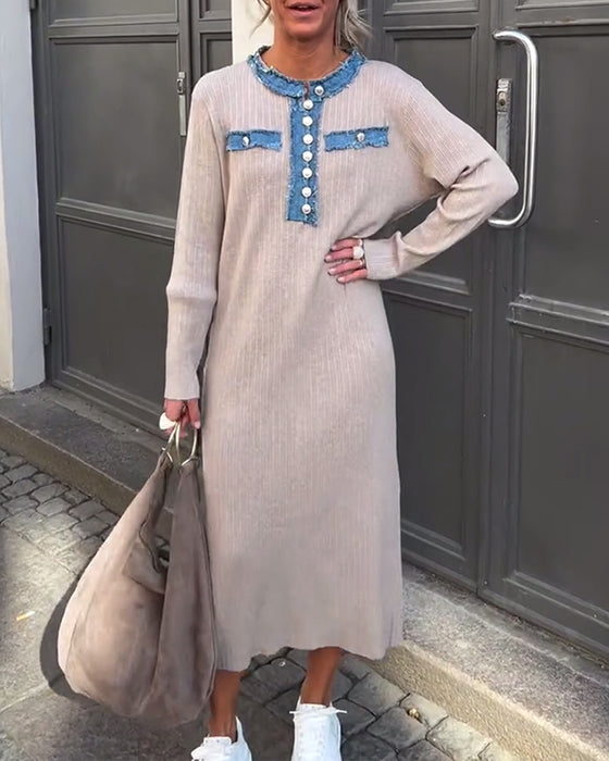 Kleid Denim Patchwork Rundhals Gestrickt