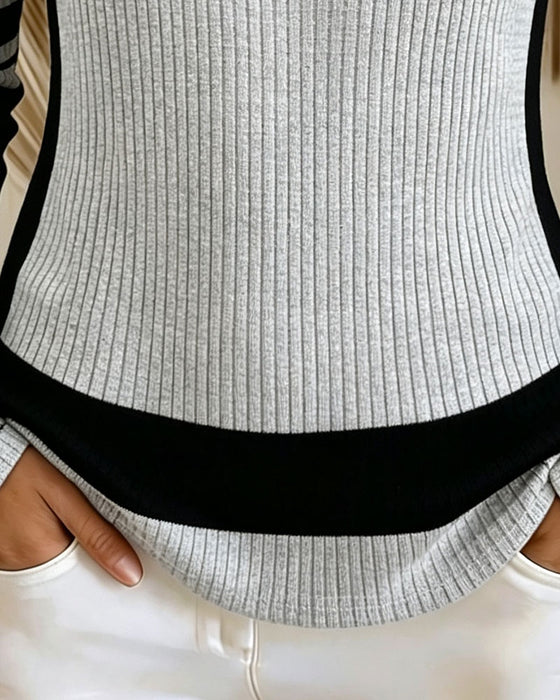 Bluse U-Ausschnitt Knopf Kontrastfarbe