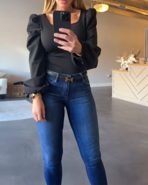 Bluse Puffärmel Eckenkragen Splice
