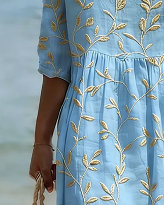 Kleid Rundhals Bestickt Uni Lässig