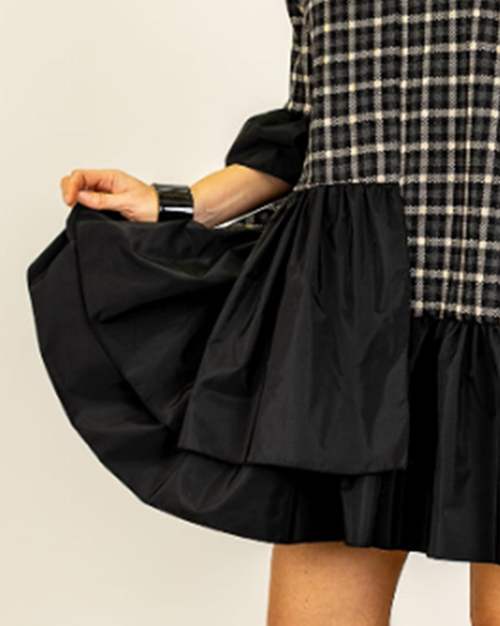 Kleid Kurzarm Karo V-Ausschnitt Patchwork