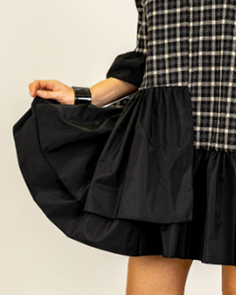 Kleid Kurzarm Karo V-Ausschnitt Patchwork