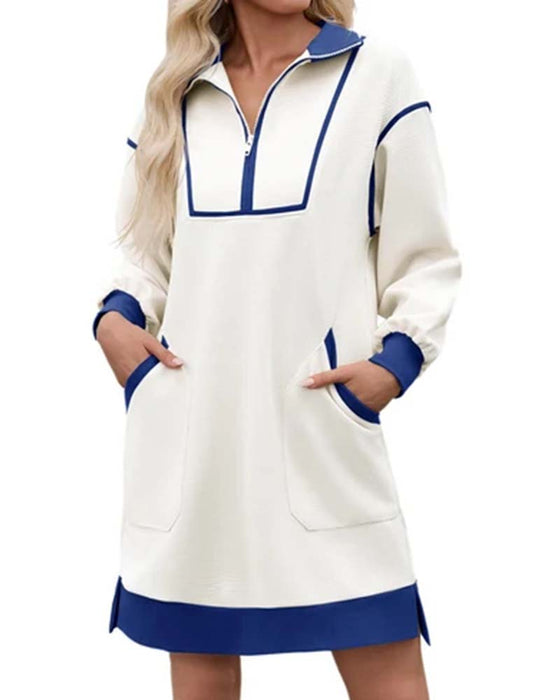 Kleid Halb Zip Langarm Farbblock Kurz