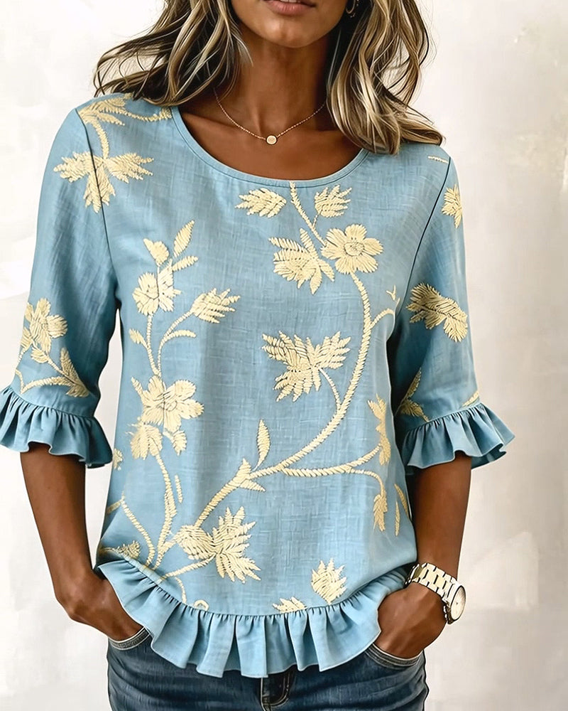 Bluse Jasmin Rüsche Rundhalsausschnitt Halblanger Ärmel