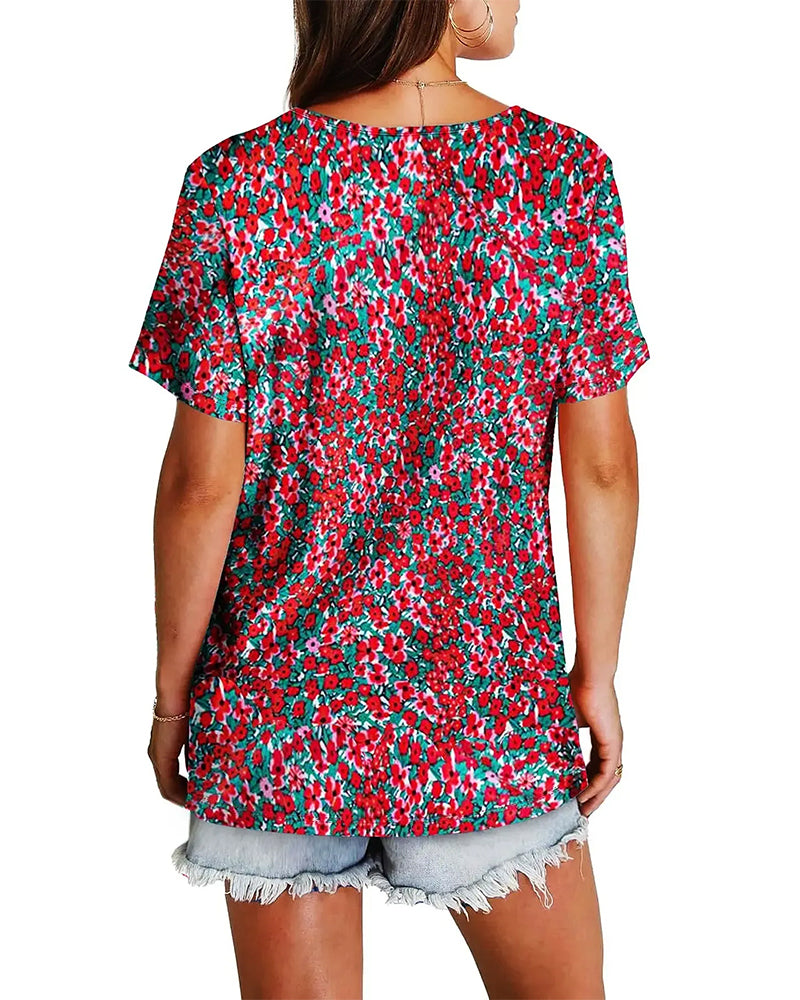 Bluse Blumenmuster V-Ausschnitt Kurzarm