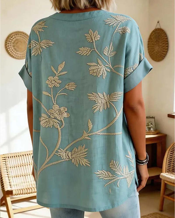 Bluse V-Ausschnitt Mit Print Kurzarm