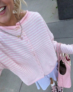 Pullover Rundhals Knopf Vorne Gestreift